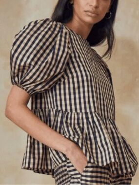 Hunter Bell Lenny gingham puff sleeve peplum top, L